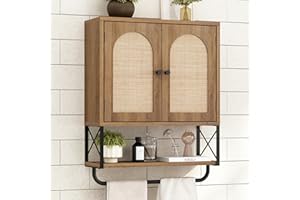 RUSTOWN Rattan Bathroom Wall Cabinet, Boho Over The Toilet Storage Cabinet with Arched Rattan Doors, Modern Medicine Cabinet with Adjustable Shelves & Towel Bar, Bathroom Organizer(Rustic Oak, Medium)