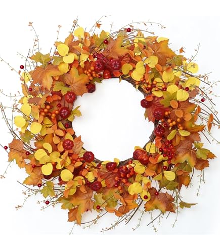 Couronne D’Automne Pour Porte D’Entrée 40cm - Guirlande Citrouilles Artificielles Avec Feuilles D’Érable Et Baies Pour Halloween & Thanksgiving