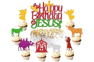 LEVVCIRKI 25 PCS Happy Birthday Jesus Cake Topper Cupcake Decorations Nativity Christian Winter Merry Christmas Jesus Season Religious Holy Cross Bell Jesus's Bday Party Supplies