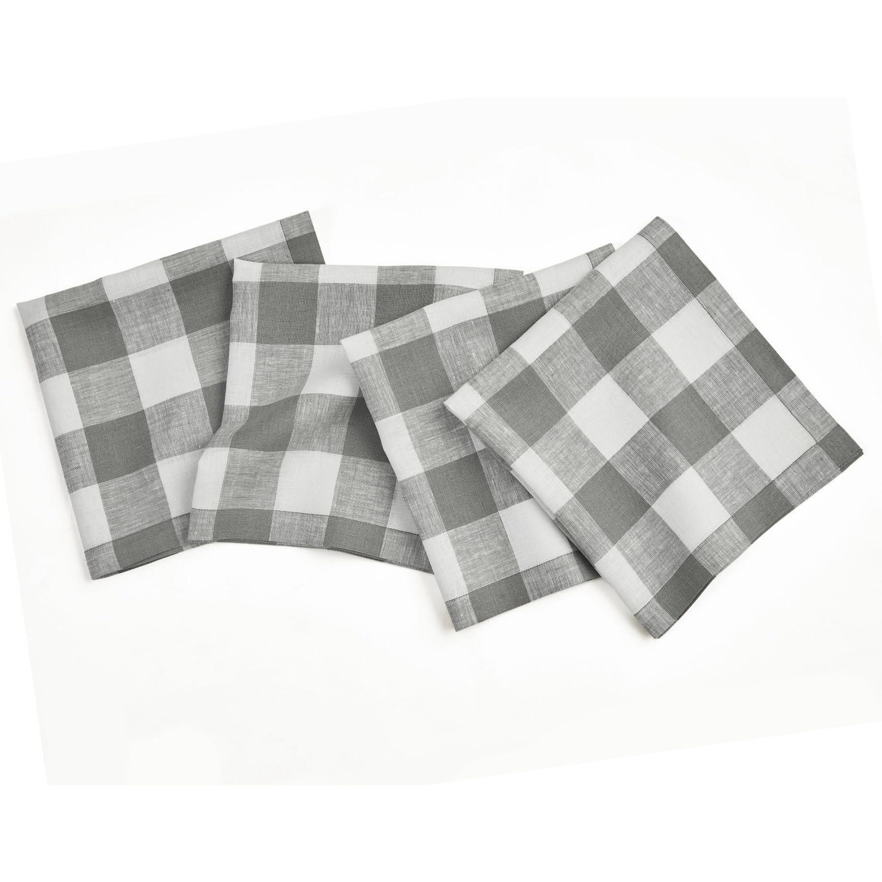 Solino Home Linen Buffalo Check Dinner Napkins Set of 4-100% Pure Linen Grey and White Plaid Cloth Napkins 20 x 20 Inch for Summer, Fall, Autumn - Handcrafted and Machine Washable
