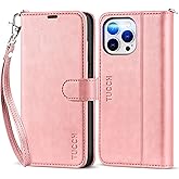 TUCCH Wallet Case for iPhone 13 Pro Max, RFID Blocking Card Slot Magnetic Lanyard [Wriststrap], Stand PU Leather Shockproof TPU Shell Compatible with iPhone 13 Pro Max 6.7", Rose Gold with Wristlet