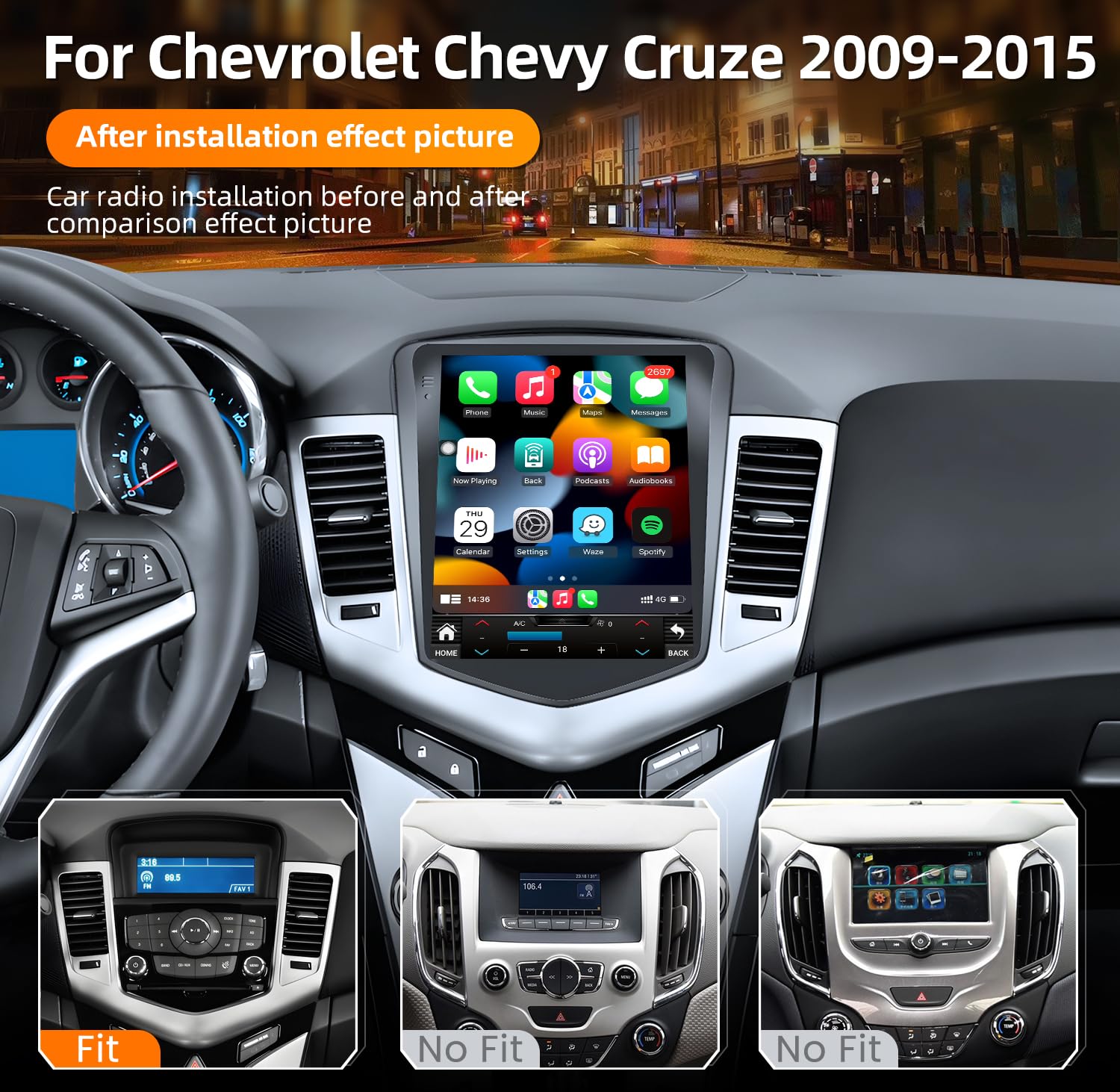 4Core 64ROM Car Radio for Chevrolet Chevy Cruze 2009-2015: Upgrade Touchscreen Tesla Style Stereo Head Unit Wireless CarPlay Android Auto 5G WiFi GPS Bluetooth 5.0 FM RDS SWC Backup Camera