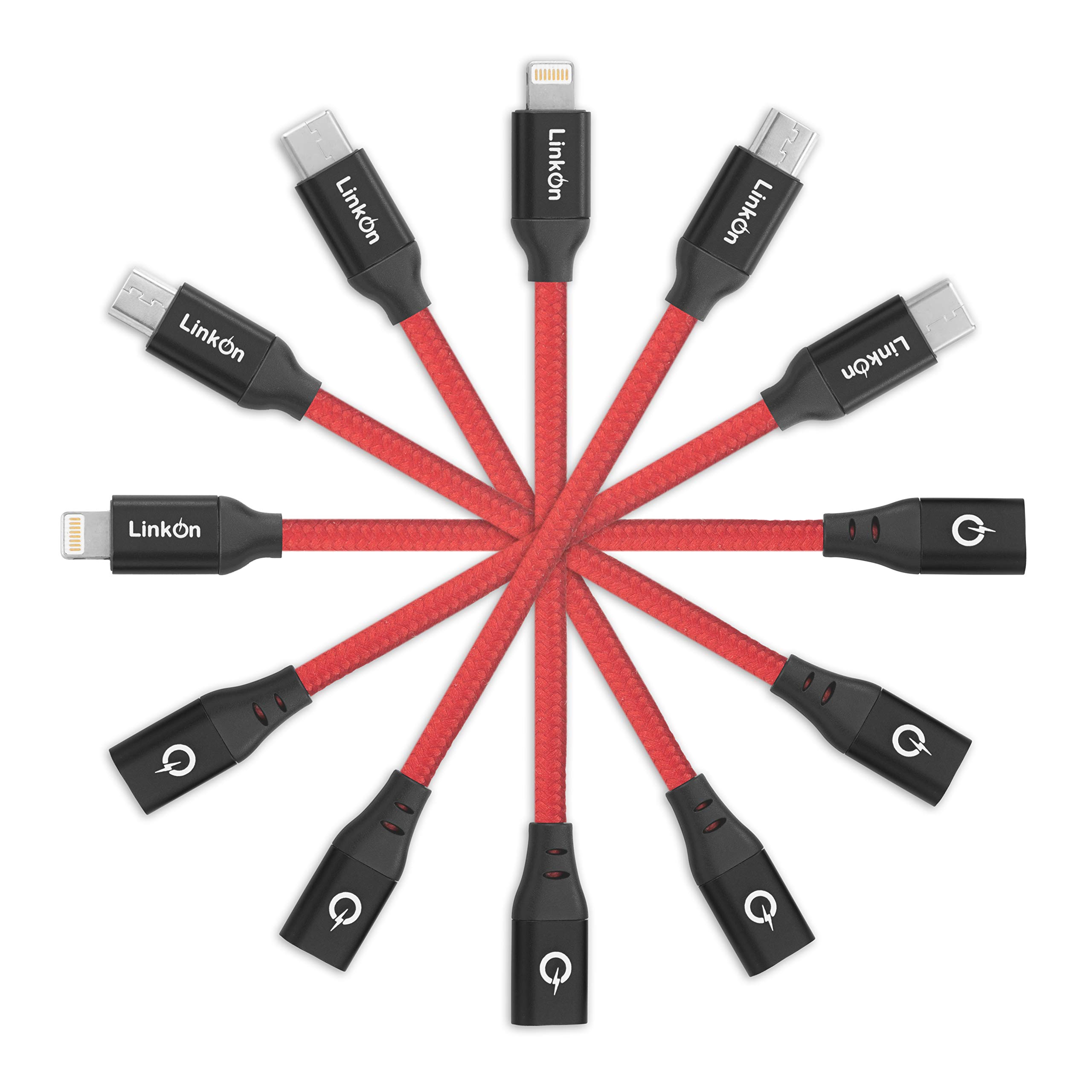 LinkOn 6 in 1 USB Universal Adapters 4"/10cm Cable Connectors For Converting All Standards With Charging And Data/Sync Option Combo Type C Compatible with iPhone Micro USB-C (Red) — image 1