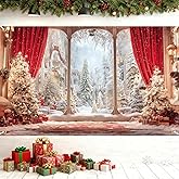 White Christmas Window Banner 71x43 Inch, Large Winter Wonderland Backdrop with Snowy Trees and Elegant Curtains for Indoor Outdoor Holiday Decorations
