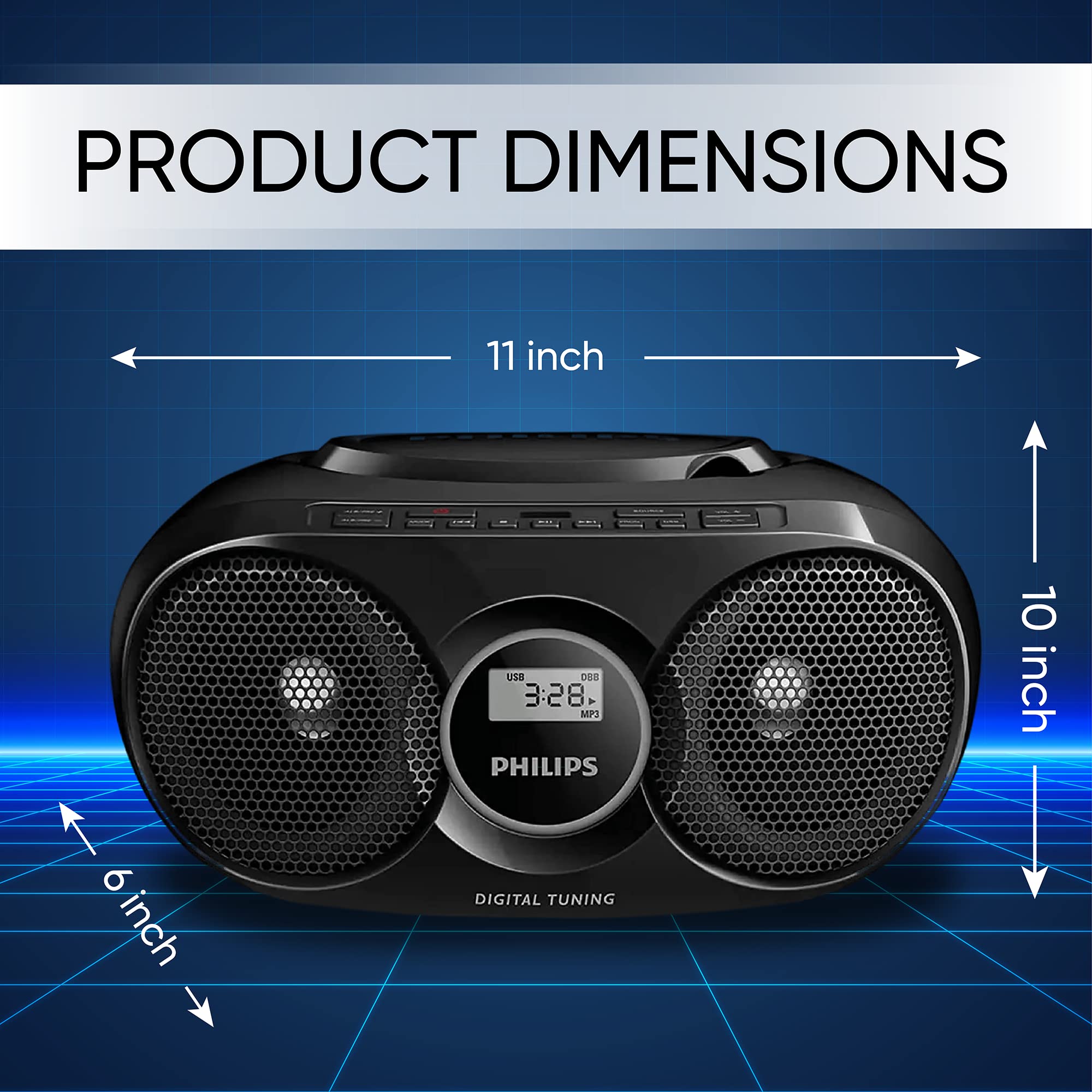 Philips Portable CD Player Boombox, Stereo Dynamic Bass Boost Speakers, Lightweight FM Radio CD Player with LCD Display, USB Playback, Aux Line-in, Boombox Portable for Home AZ318B/37