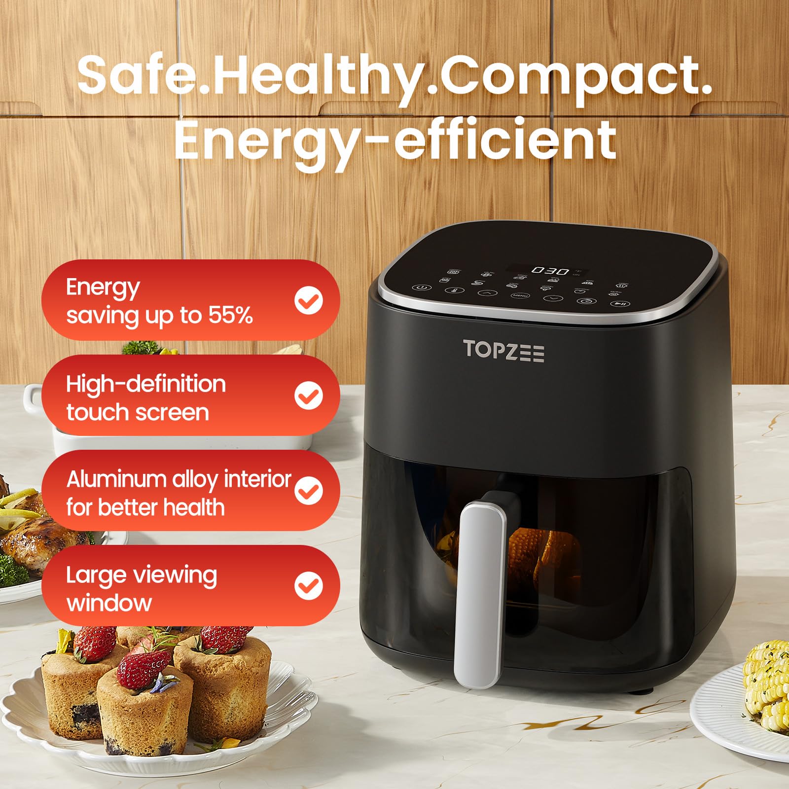TOPZEE Freidora de aire 12 en 1 con gran capacidad de 5.5 QT, freidora de aire compacta, calor preciso de 100-400 ℉, circulación de aire caliente de 360°, 95% menos de aceite, hornear, secar, recalentar, congelar, asar, a prueba, negro
