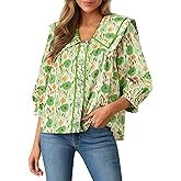 COCCKO Women's 2026 Fashion Tops 100% Cotton Button Down Shirts V Neck 3/4 Length Sleeve Floral Peter Pan Collar Blouses