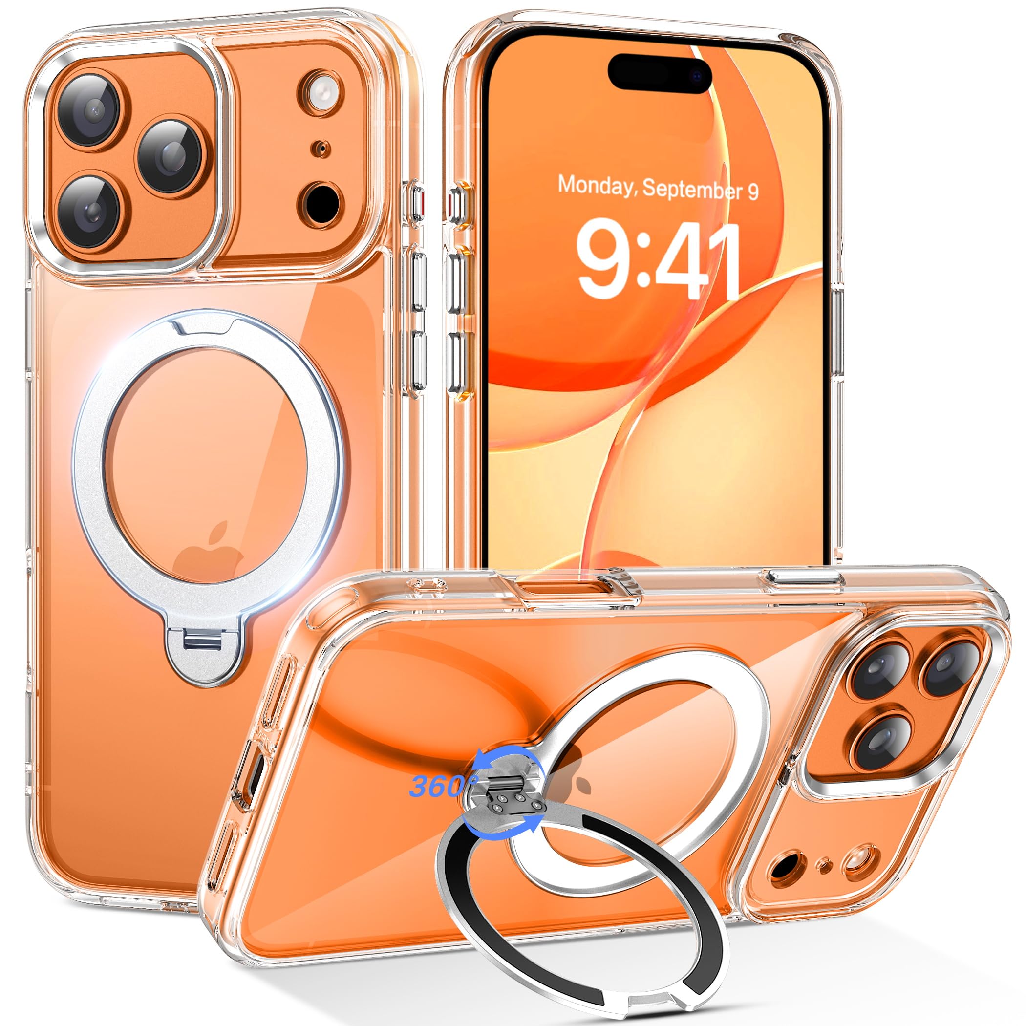 Photo 1 of DUEDUE for iPhone 17 Pro Case with 360°Spin Magnetic Stand[Compatible with MagSafe][Rotatable Ring Holder], Clear Cover Anti-Yellowing Protection Cases for iPhone 17 Pro 6.3", Clear