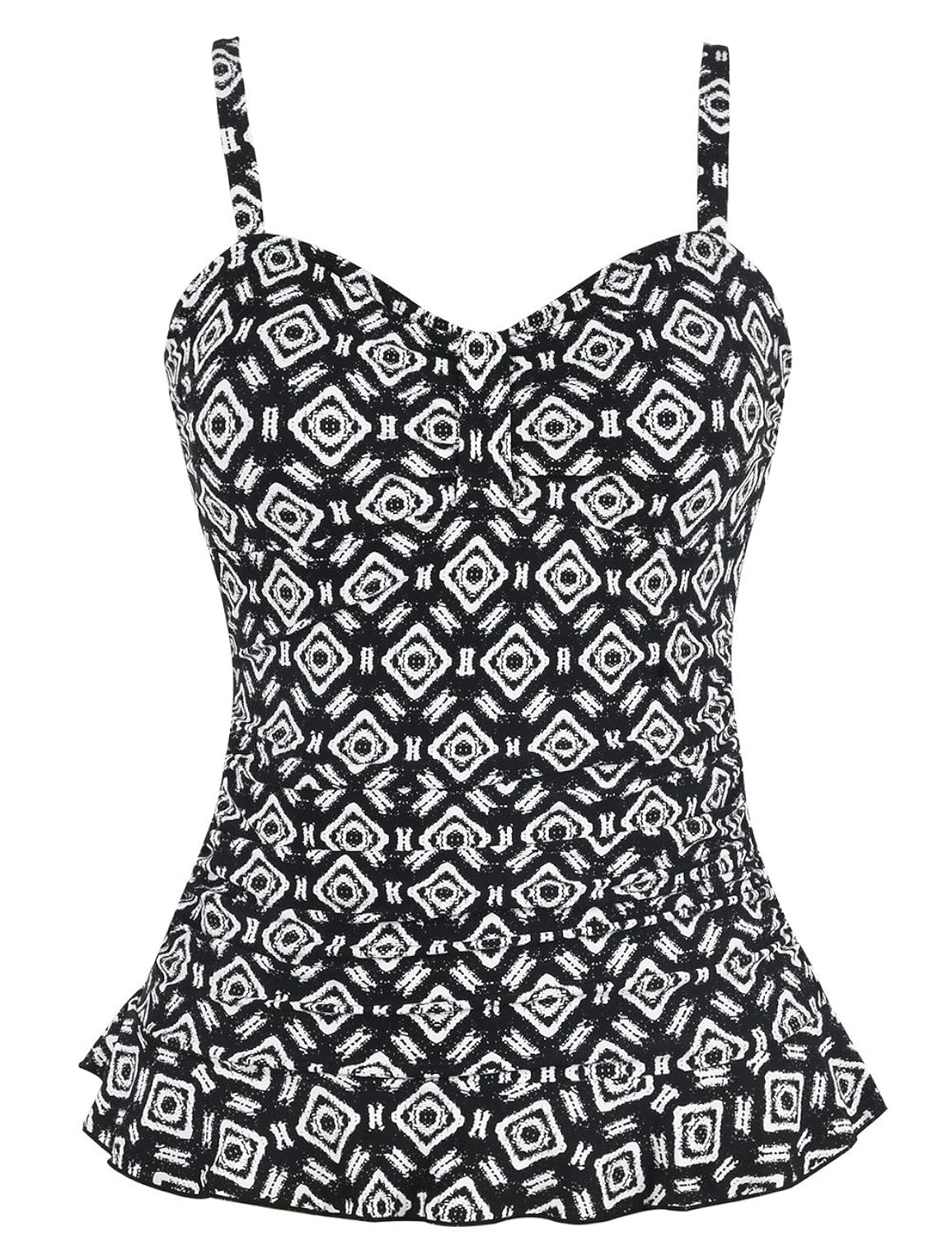 Hilor Womens 50s Retro Ruched Tankini Swimsuit Top with Ruffle Hem