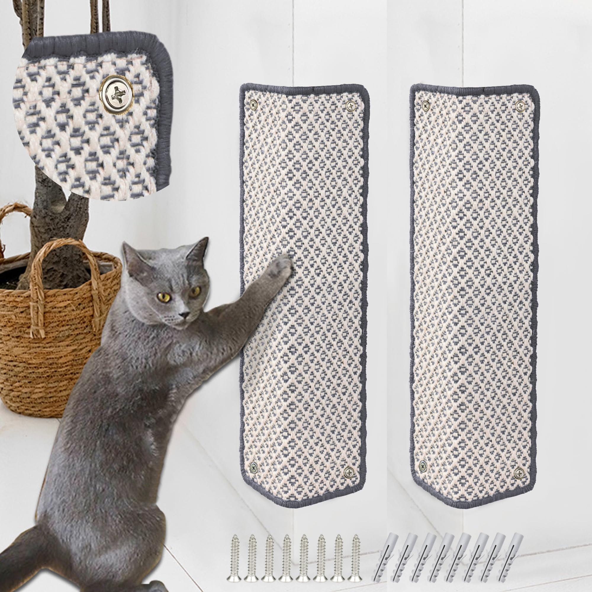 JanYoo Cat Scratching Mat, Sisal Cat Scratcher Mats, Anti Scratch Floor Scratching Pad for Wall Floor Sofa Couch Carpet Doors Bed, 60 x 25CM (2 Pcs, Grey)