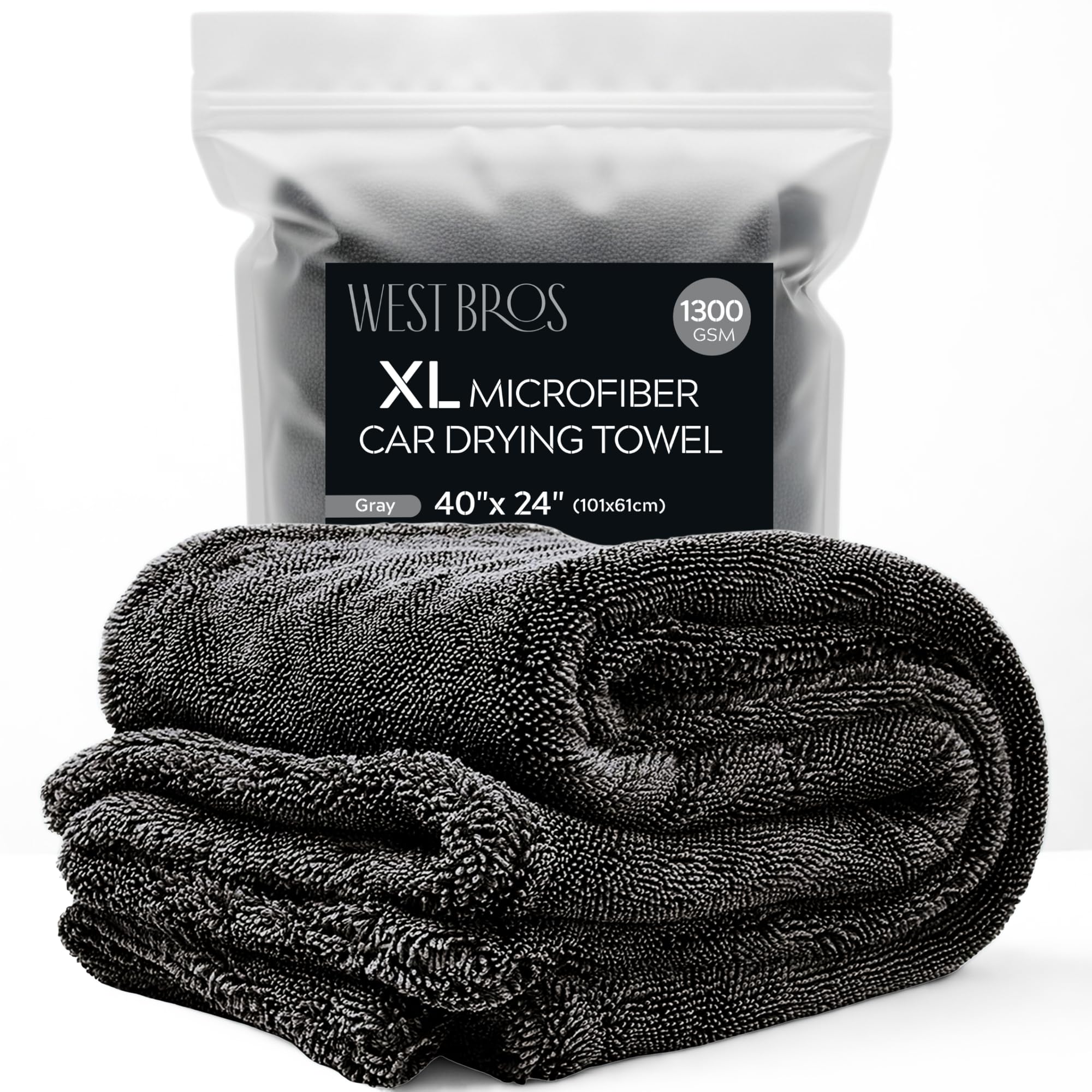Photo 1 of WEST BROS XL Car Drying Towel, 1300 GSM Professional Car Towel with Double Twisted Loop, Car Drying Towels Extra Large Super Absorbent, Microfiber Drying Towels for Cars, Trucks, SUVs - 40"x24", Gray