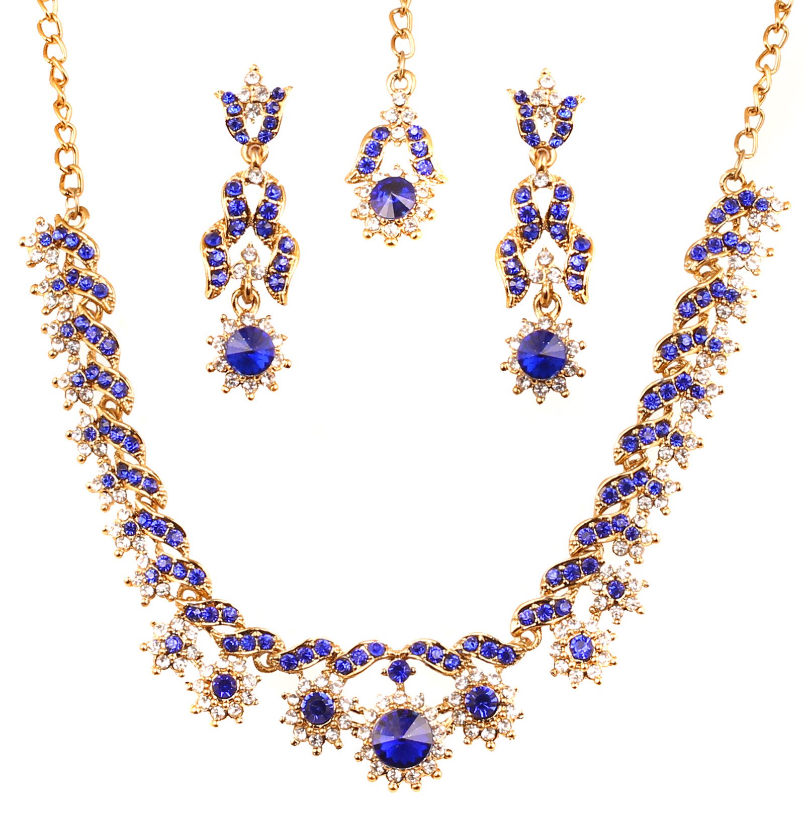 Touchstone Hollywood Glamour white/blue crystals light jewelry necklace set in antique gold tone for women โ image 1