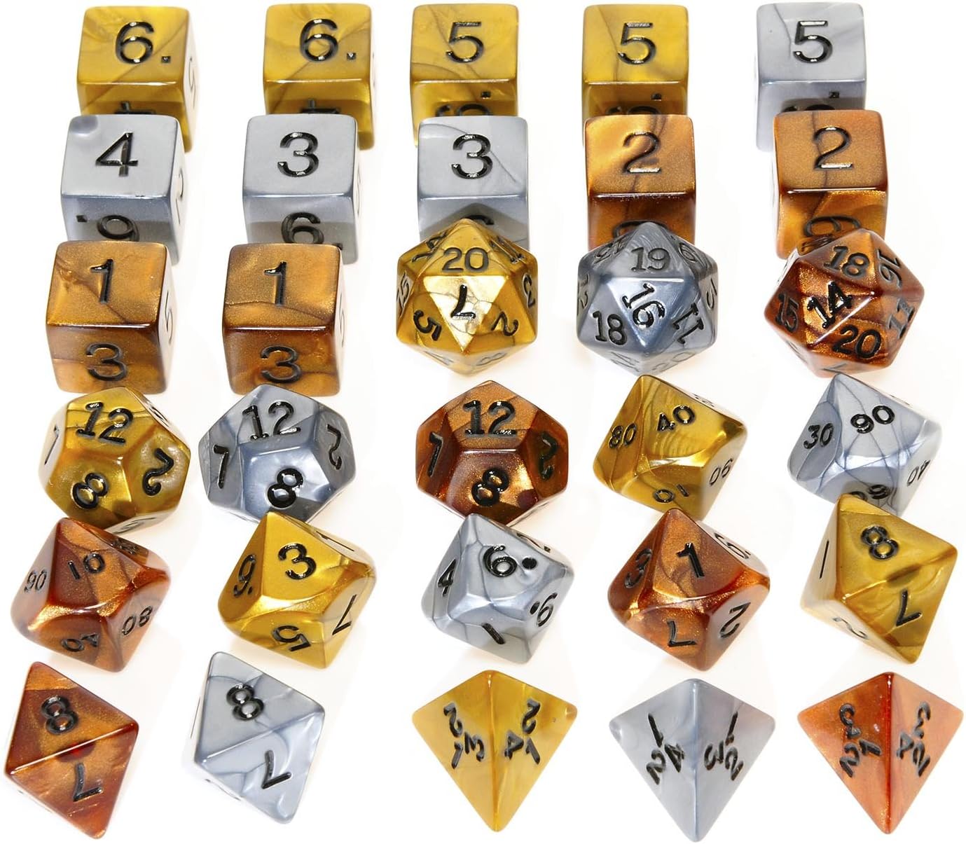 Gold, Silver Bronze Polyhedral Dice _ Set of 30 Dice
