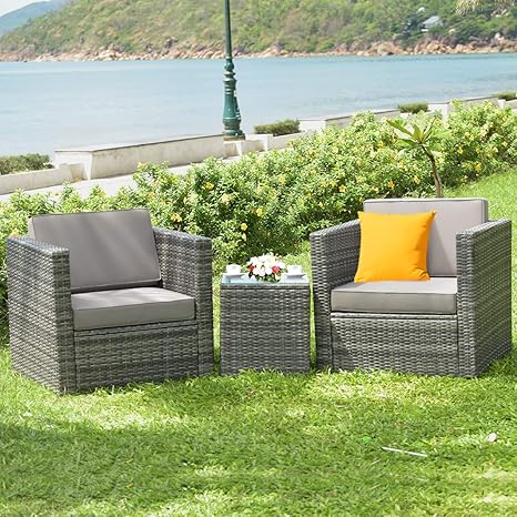 Tangkula 3 Pcs Patio Wicker Bistro Set Outdoor Rattan Sofa Set Conversation Furniture W Washable Cushion Tempered Glass Top Table Suitable For Backyard Porch Garden Poolside Balcony Grey Amazon In Garden Outdoors