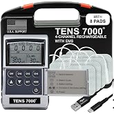 TENS 7000 Pro Rechargeable Tens Unit Muscle Stimulator, 4 Channels, Back Pain Relief, 8 Electrodes/Unit Pads, EMS and TENS Machine, Muscle Recovery &amp; Growth, Stim Machine, Electrotherapy
