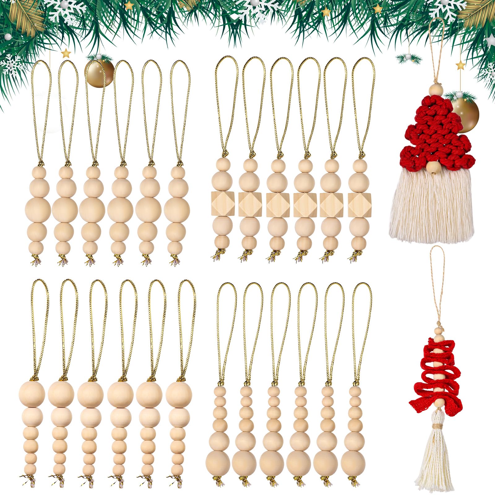 26pcs Christmas Tree Wood Beads Ornaments, 6 Styles Boho Christmas Tree Woven Hanging Decoration Farmhouse Wooden Beads for Xmas Hanging Home Décor