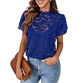 Rooscier Women's Lace Sheer Scallop Mock Neck Flounce Sleeve Back Keyhole Blouse Top Shirt Without Cami