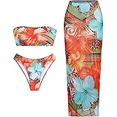 ZAFUL Womens 3pcs Bikini Swimsuits Bandeau 3 Piece Swimwear High Cut Bikini Sets with Long Sheer Coverup Dress