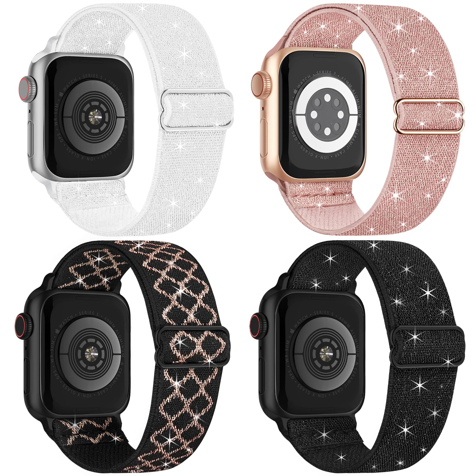 Photo 1 of 4 Pack Stretchy Solo Loop Compatible with Apple Watch Band 38mm 40mm 41mm 42mm 44mm 45mm 46mm 49mm Women Men, Sport Nylon Elastic Straps Braided Wristbands for iWatch Series 10 9 8 7 6 5 4 7 Ultra SE