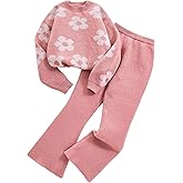 MakeMeChic Girl's 2 Piece Sweater Set Floral Crew Neck Knit Tops and Flare Pants Cute Sets