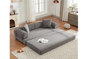 ZEIINPA Convertible Sleeper Sofa Bed with Cylindrical Pillow, Corduroy Folding Mattress Couch with Fixed-Shape Frame, Floor Sofa Lounge Couch for Living Room Bedroom Lounge Studio-Grey