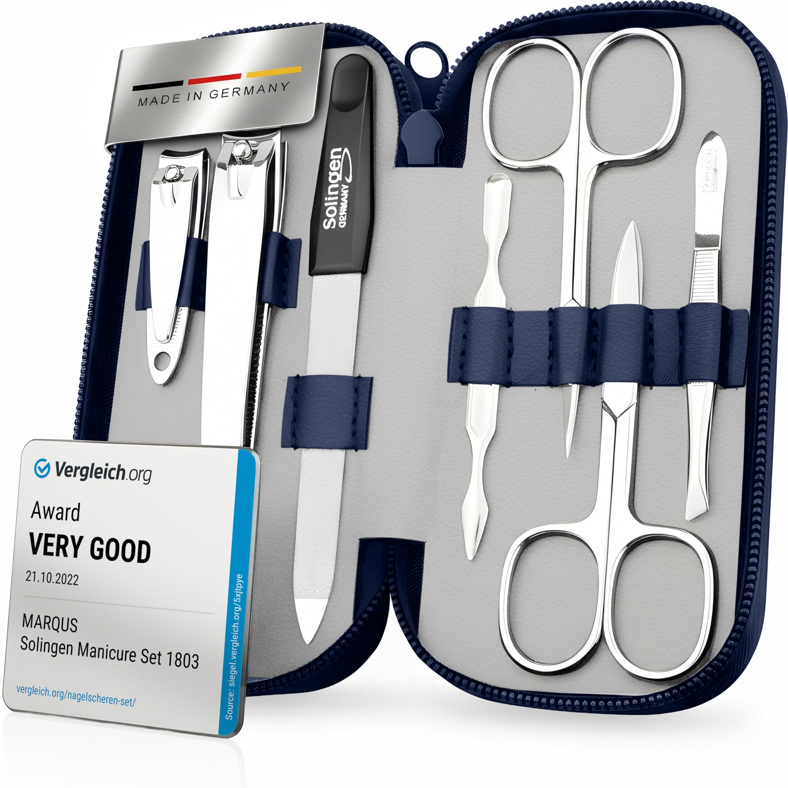 Solingen Manicure Set for Women & Men - Comparison Winner with Top Price/Performance Ratio - Handy and Soft Case - 7-Piece Grooming Kit, Blue