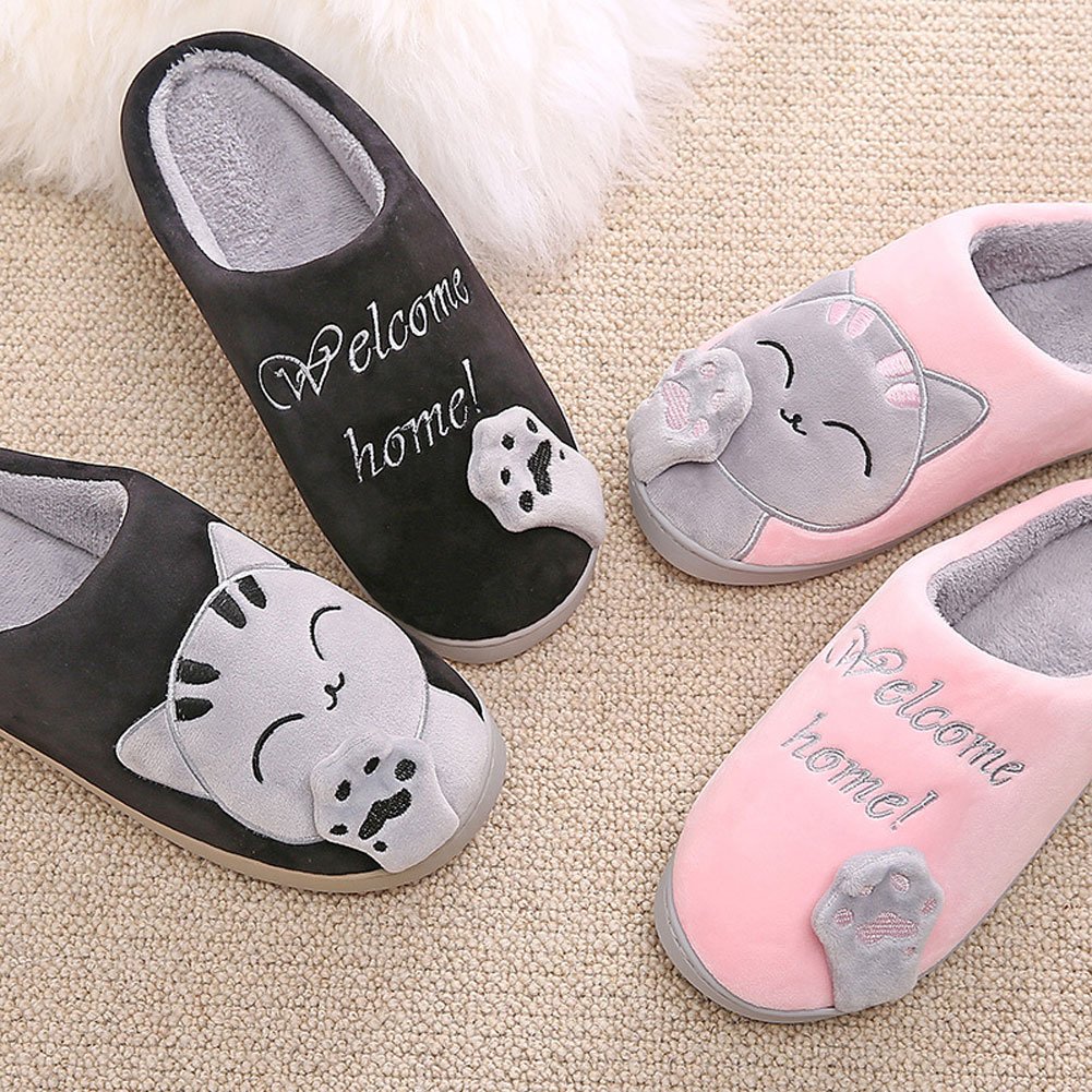 GESIMEI Kuschelige Katze Pantoffeln Warm Plüsch Hausschuhe Winter Bequeme Rutschfeste Slippers Herren Damen Schwarz 42