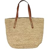 MAR Y SOL Large Natural Raffia Tote Bag, Handcrafted Crocheted Carryall with Leather Handles, Lined Interior Pocket