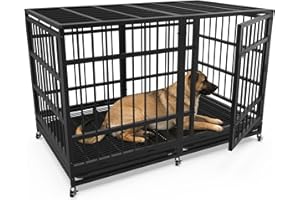 Asee'm 48" Heavy Duty Dog Crate Cage with Wheels for Large Dogs, Indestructible Escape-Proof Dog Kennel Cage Indoor for High Anxiety Dogs with Locks and 2 Removable Trays (Black)