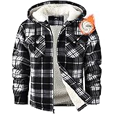 Ceoutdoor Mens Flannel Hoodie Jacket Fleece Lined Flannel Shirt Plaid Zip Up Sherpa Hooded Sweatshirt Warm Winter Coat