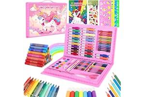 homicozy Art Supplies, Unicorn Drawing & Coloring Set with Crayons, Colored Pencils, Markers, Sketchbook, Watercolor Cakes, Stencils, Arts and Crafts Painting Kit for Kids Ages 4-10, Girls Boys Gift
