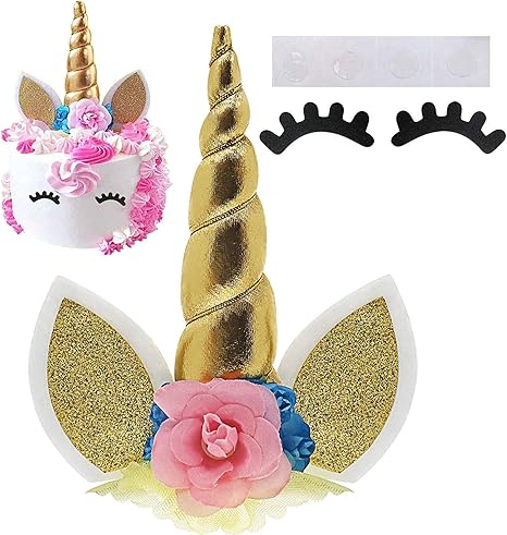 Amazon Com Unicorn Cake Topper With Eyelashes Gold Unicorn Horn Ears And Flowers For Birthday Wedding Baby Shower Party Cake Decoration Home Kitchen