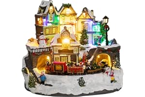 MUMTOP Christmas Village House Decoration, Colourful LED Lights Light Up Bell Tower and Buildings, Rotating Christmas Trees with Music for Indoor Holiday Xmas Tabletop Decor