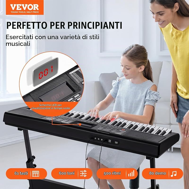Pianoforte Digitale Tastiera, 61 Tasti, Pianoforte Elettrico Portatile, Supporto, 600 Toni, 500 Ritmi, Altoparlanti Incorporati, Pedale Sustain, Cuffie, Microfono, USB MIDI, per Principianti