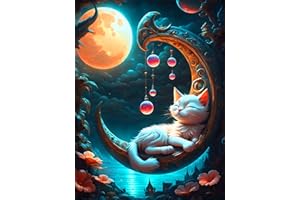 ijbnhd DIY Diamond Art Kits with Round Diamond, 5D Cat Diamond Painting Kits for Adults, Moon Diamond Painting Full Drill Round Rhinestone for Home Wall Decor 12X16inch