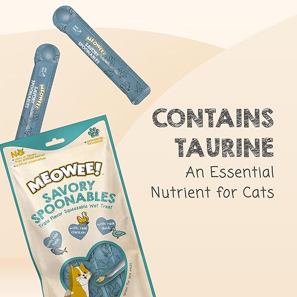 MEOWEE! SAVORY SPOONABLES WITH REAL TUNA, CHICKEN & DUCK, 4 COUNT TUBE, TRIPLE FLAVOR SQUEEZABLE LICKABLE WET TREATS FOR CATS WITH BUILT-IN SPOON FOR LESS MESS