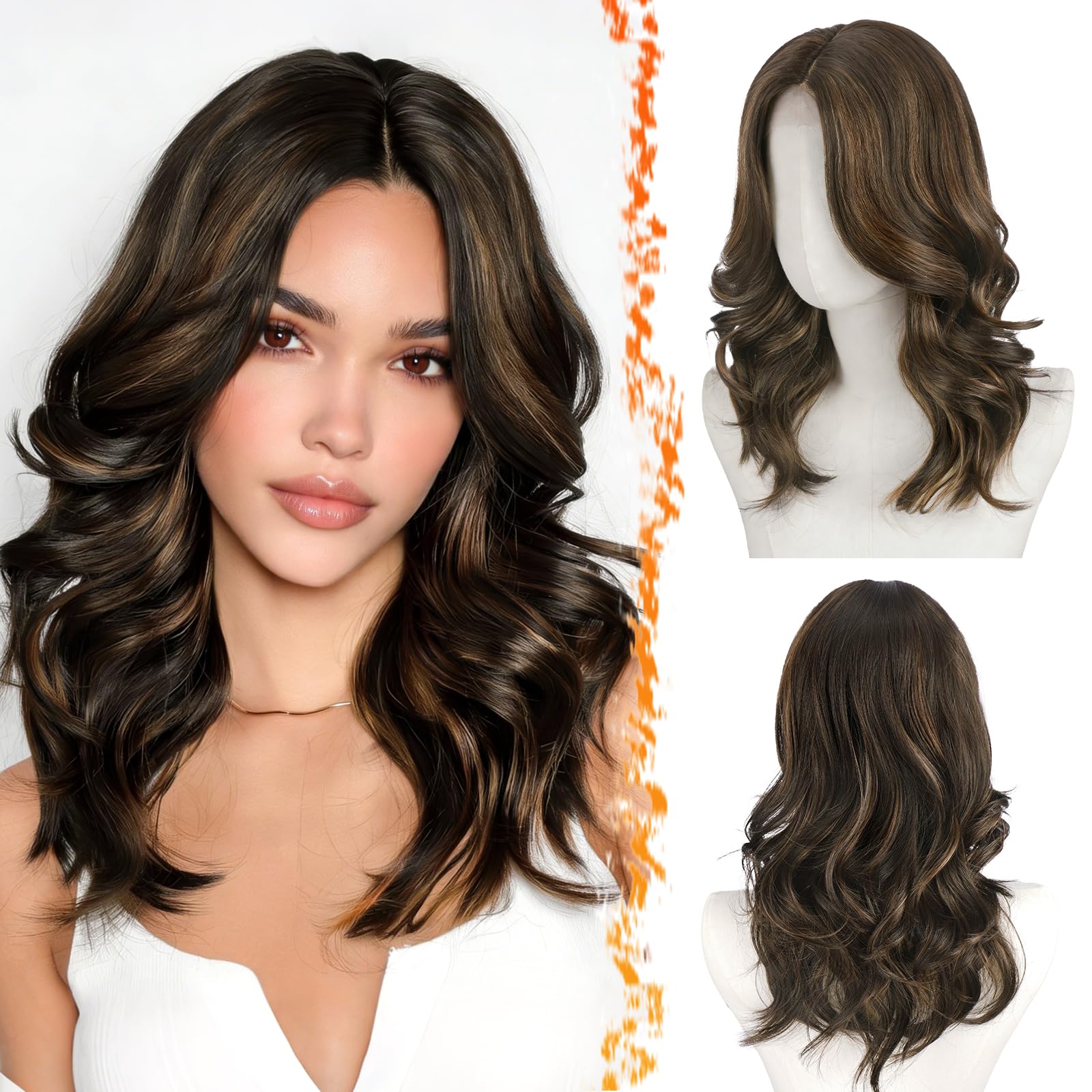 Photo 1 of BARSDAR Short Wavy Brown Highlight Wig - Shoulder Length Wavy Wigs for Women - Short Body Wave Layererd Wig with Curtain Bangs Soft Synthetic Natural Looking Daily Party, Black Brown Mix Auburn