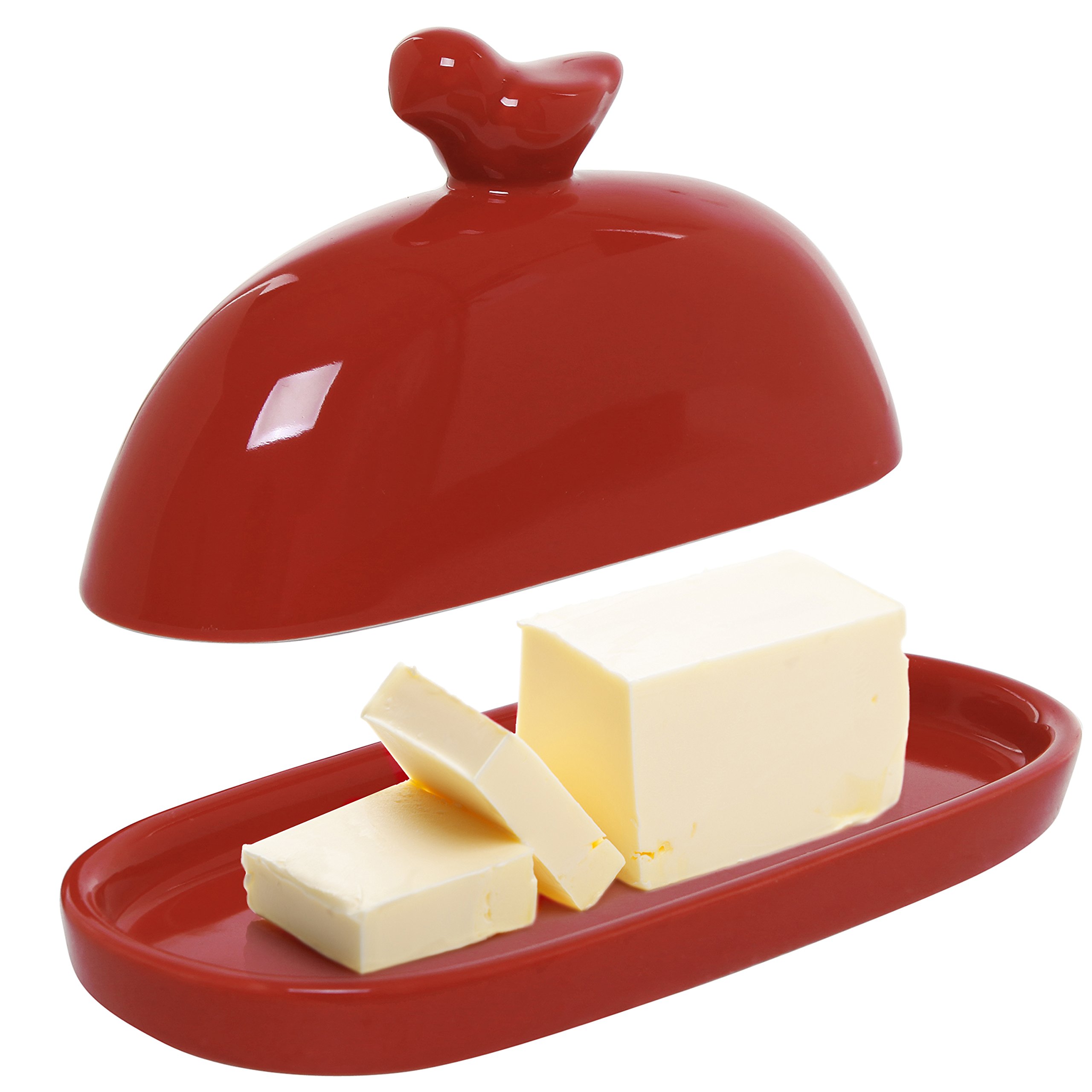 MyGift Red Bird Design Decorative Ceramic Butter Dish and Lid Cover