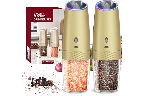 CIRCLE JOY Gravity Electric Salt and Pepper Grinder Set with 2-Speed, Rechargeable Salt and Pepper Grinder Set, Adjustable Coarseness, Whiet LED Light