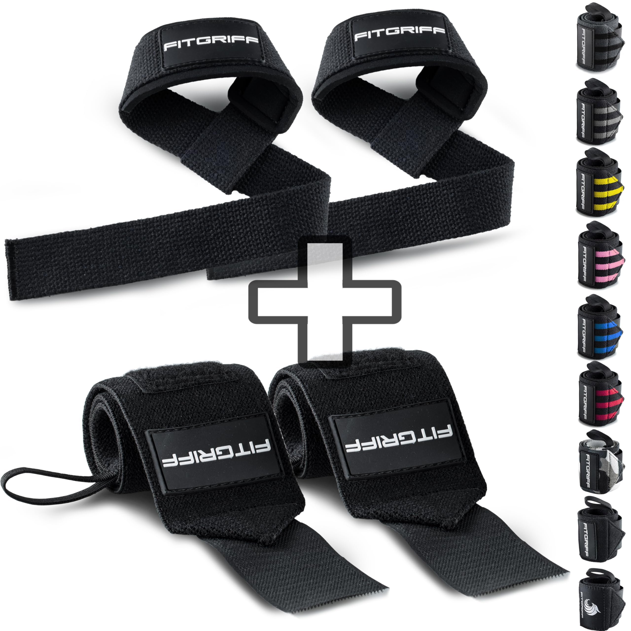 Fitgriff® Wrist Wraps + Lifting Straps (Bundle) - Wrist Straps for Weightlifting, Gym, Strength Training, Fitness - for Men and Women - Black