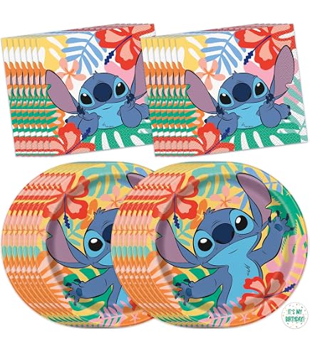 Procos Set De Fête Stitch And Angel 52 Pièces - Vaisselle Jetable Pour Anniversaire Enfant Thème Disney