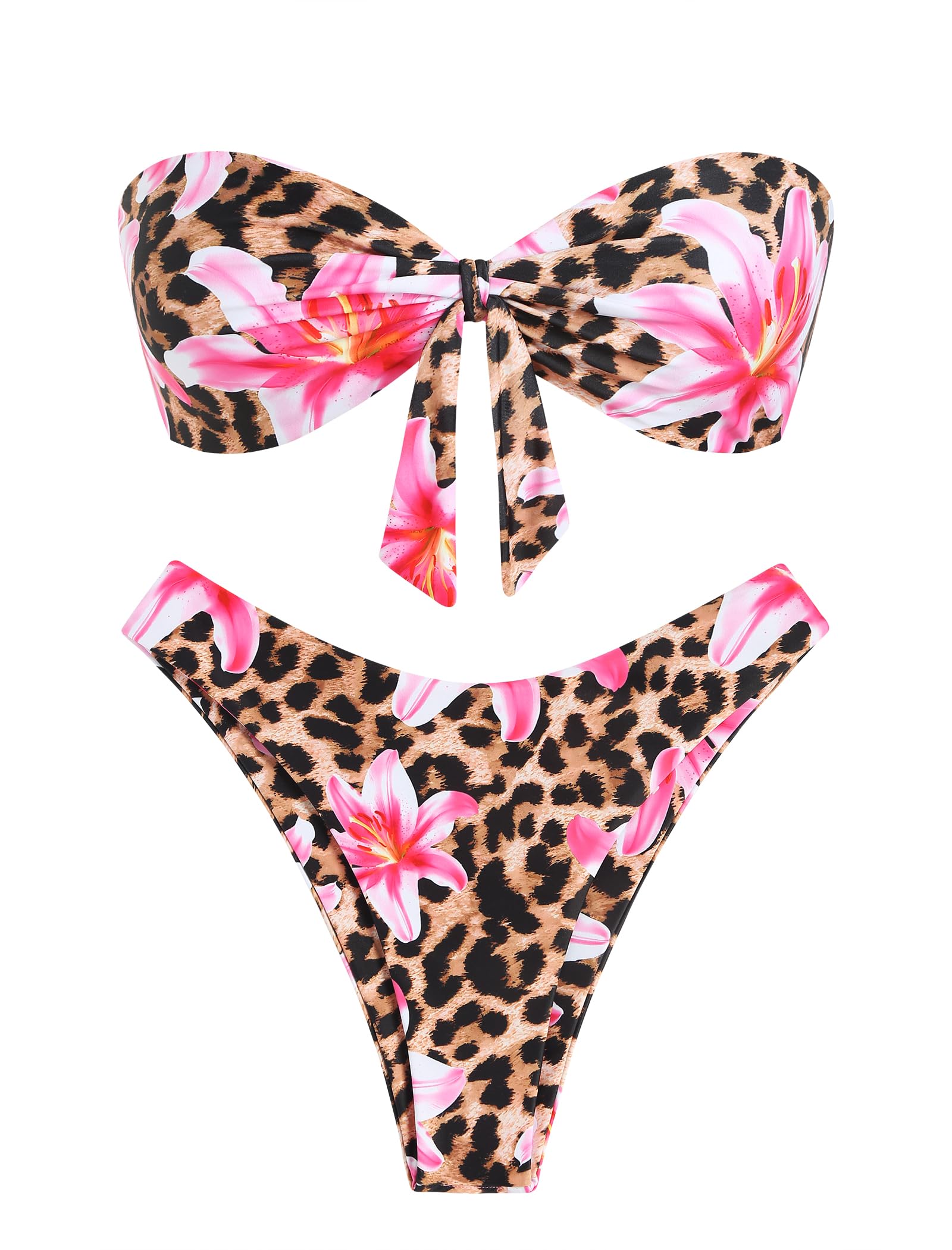 Photo 1 of ZAFUL Knotted Bandeau Bikini for Women Strapless Swimsuits High Cut Bathing Suit Sexy 2 Piece Swimwears Flower Leopard M