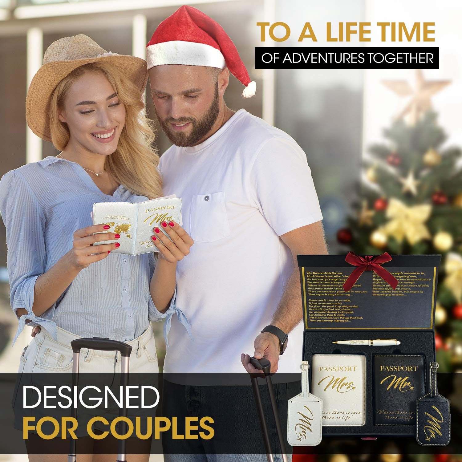 DELUXY Honeymoon Luggage - Mr and Mrs Luggage Tags + Passport Holder - Memorable Bridal Shower Gifts, Wedding Gifts for Couple, Engagement Gifts for Couples- Mr & Mrs Engraved Pen Included: Office Products