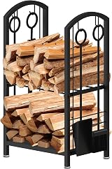 AMOS Firewood Log Rack Holder with 4 Piece Fireplace Tools Set Black Indoor view 9