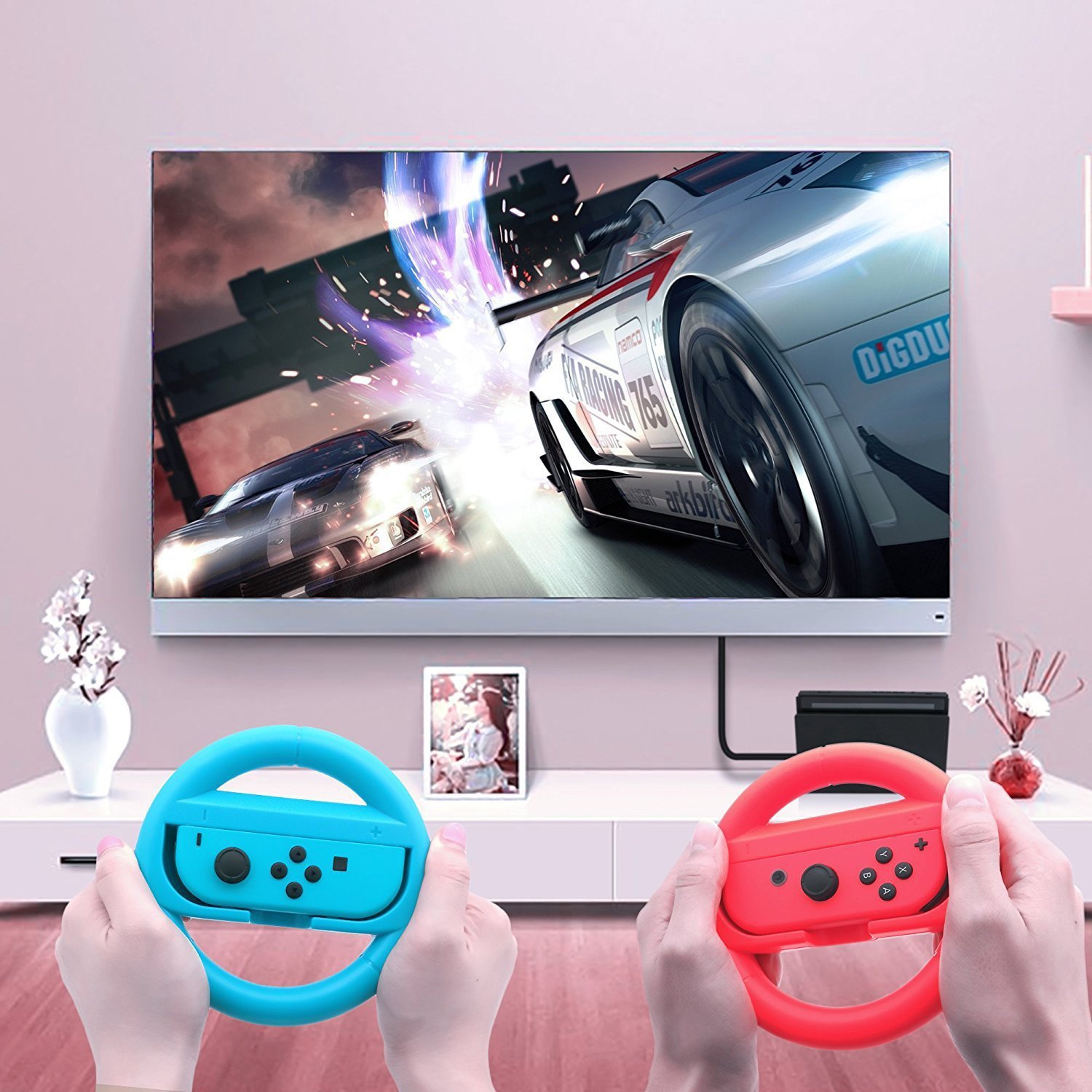 Steering Wheel for Nintendo Switch Joy-Con Handle, Y&R Direct, Red and Blue, 2 Pack