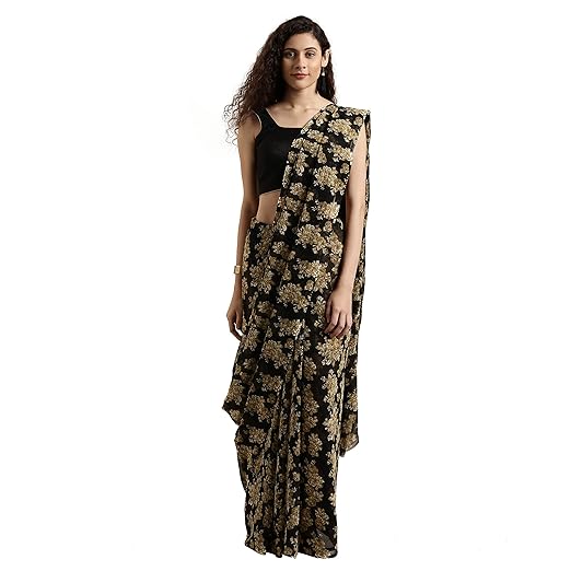 Womanista Womens georgette with blouse piece 7510 Sarees (TI1089_ Black & Beige_ One Size)