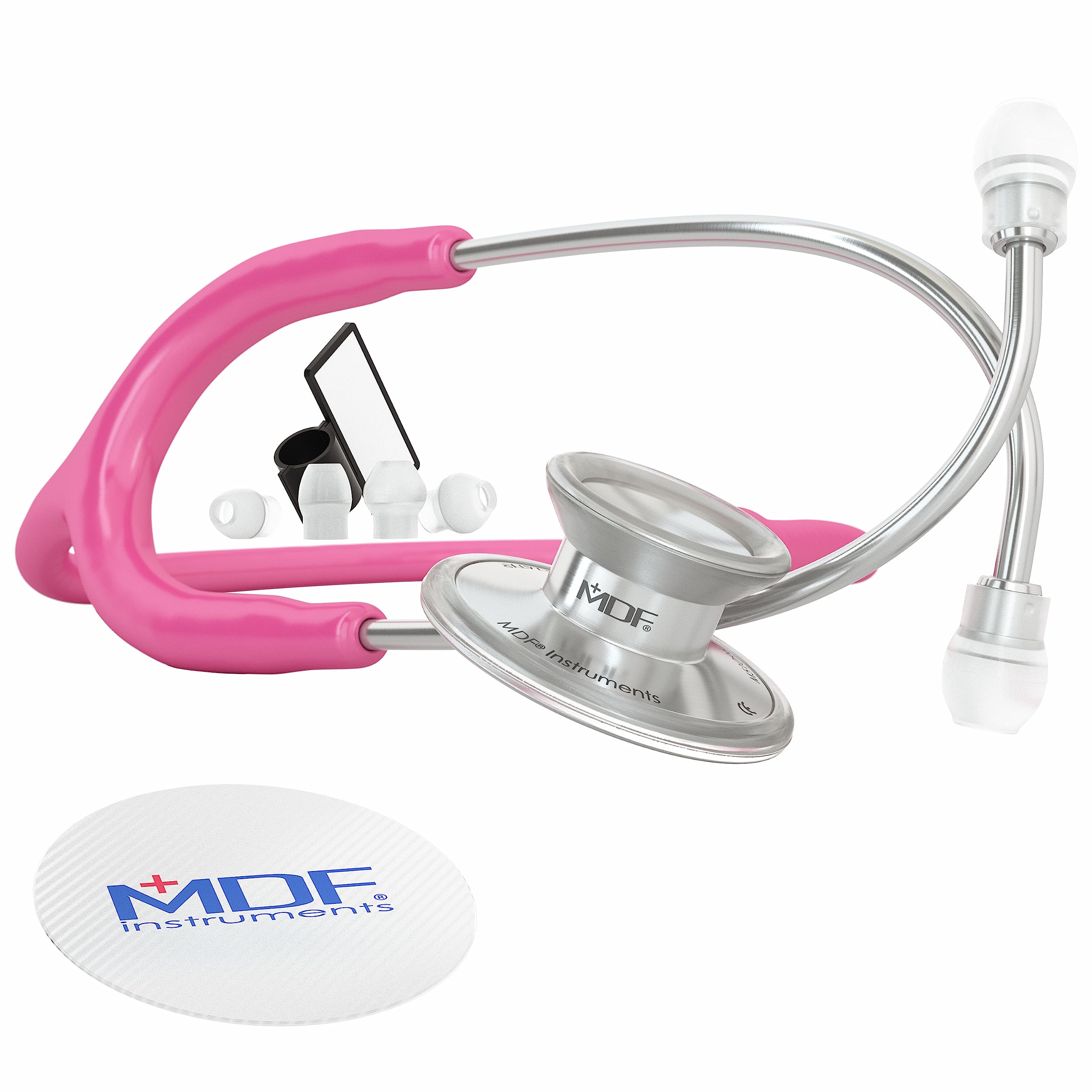 MDF Instruments, Acoustica Lightweight Stethoscope for Doctors, Nurses, Students, Home Health Use, Adult, Dual Head, Fuchsia Tube, Silver Chestpiece-Headset, MDF747XP32