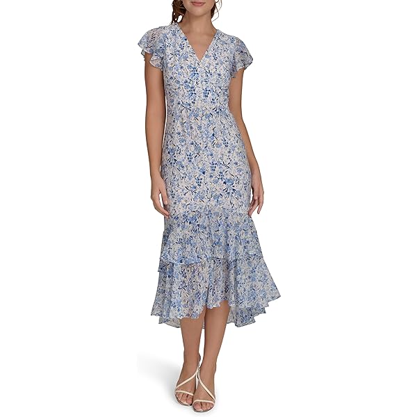 Calvin Klein Women's Flutter Sleeve Round Neck Chiffon A-line Midi Dress,  Blossom Multi, 2 at Amazon Women's Clothing store