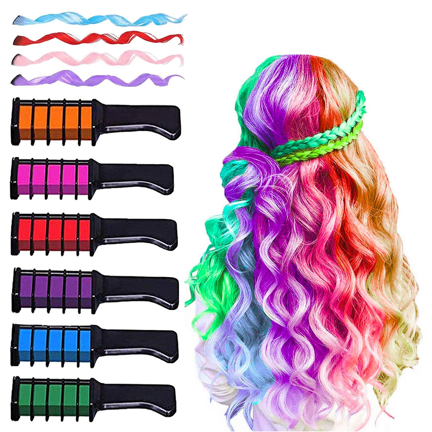 Hair Chalk Comb for Girls Kids, MSDADA Temporary Bright Hair Color Washable Dye for Girls Gifts Age 6 7 8-12+ for Birthday Children's Day Halloween Christmas Party with 4 Pcs Colored Hair Extensions
