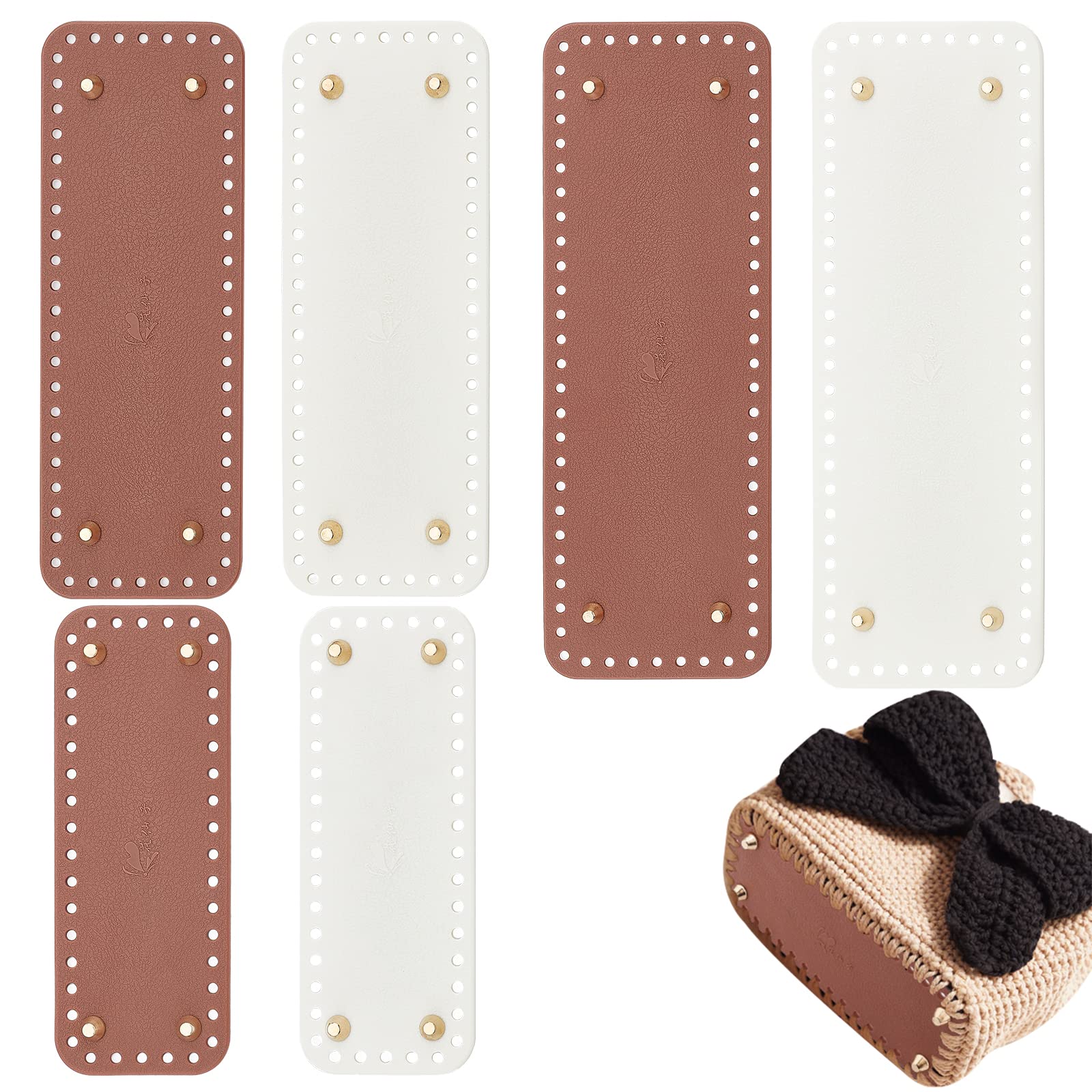 PH PandaHall Leather Purse Bottom for Crochet, 6pcs Bag Bottoms 3 Sizes Rectangle Knitting Crochet Bags Bottom Shaper with Holes for DIY Crochet Bag Shoulder Bags Purse Making, White/Coffee